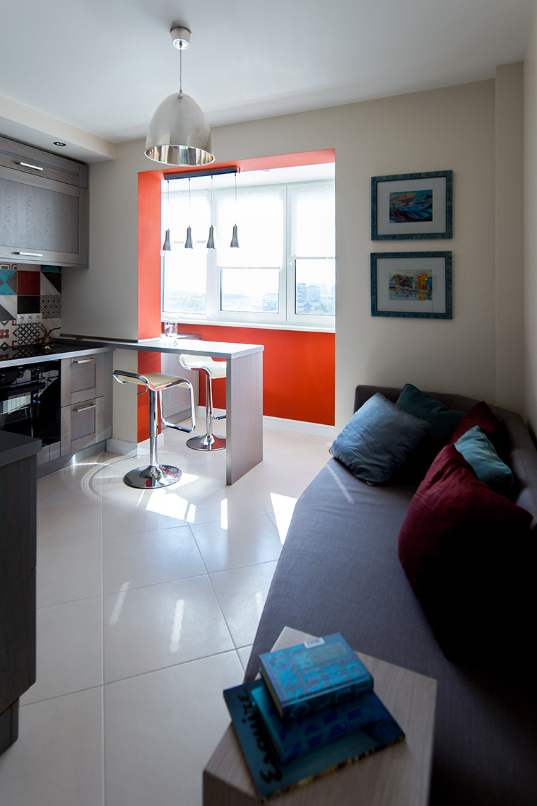 Дизайн интерьера кухни, совмещённой с балконом